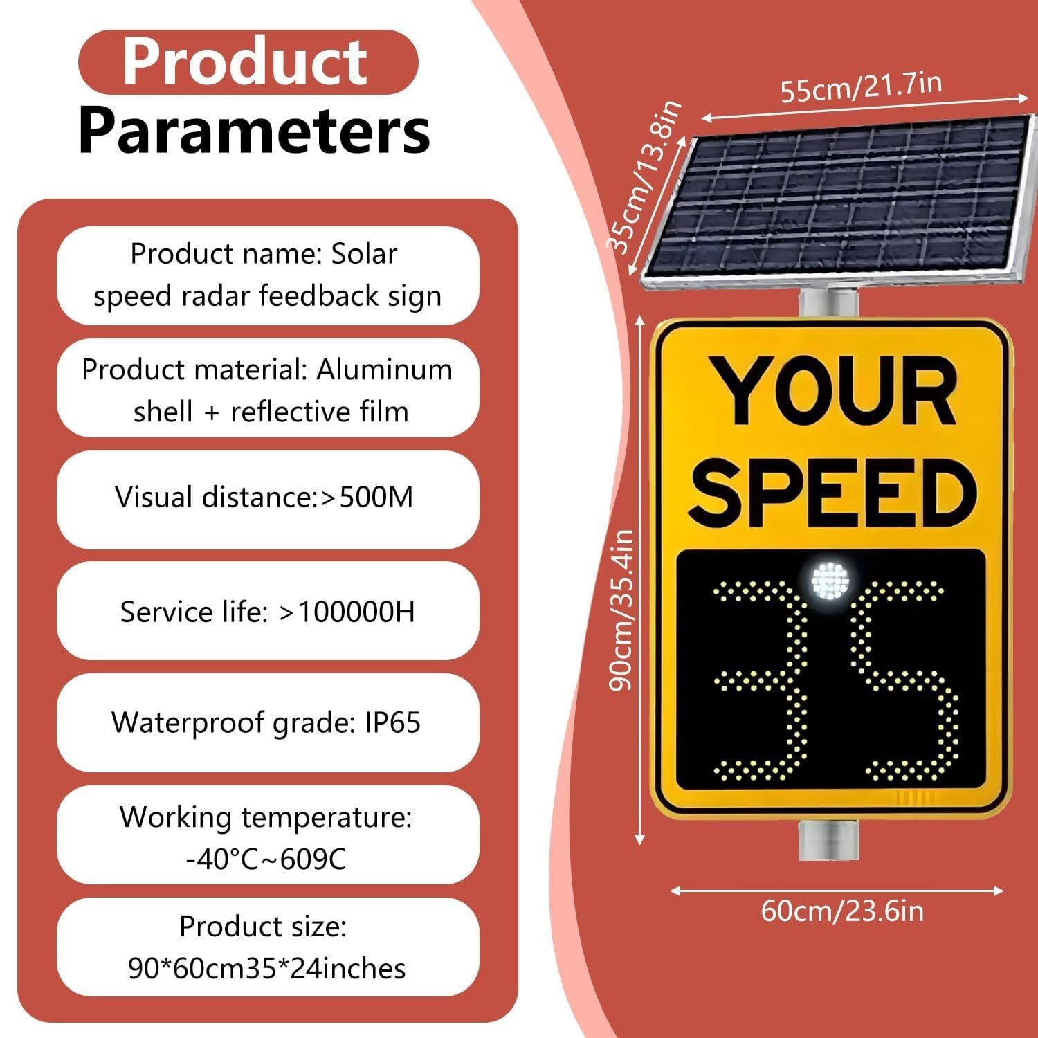 Señales Digitales De Detector Velocidad Rader, Señal Visualización Radar LED con Energía Solar, Resistente Al Agua Ip65, Límite Máximo Ajustable For Seguridad Vial(Yellow,24”*35“)