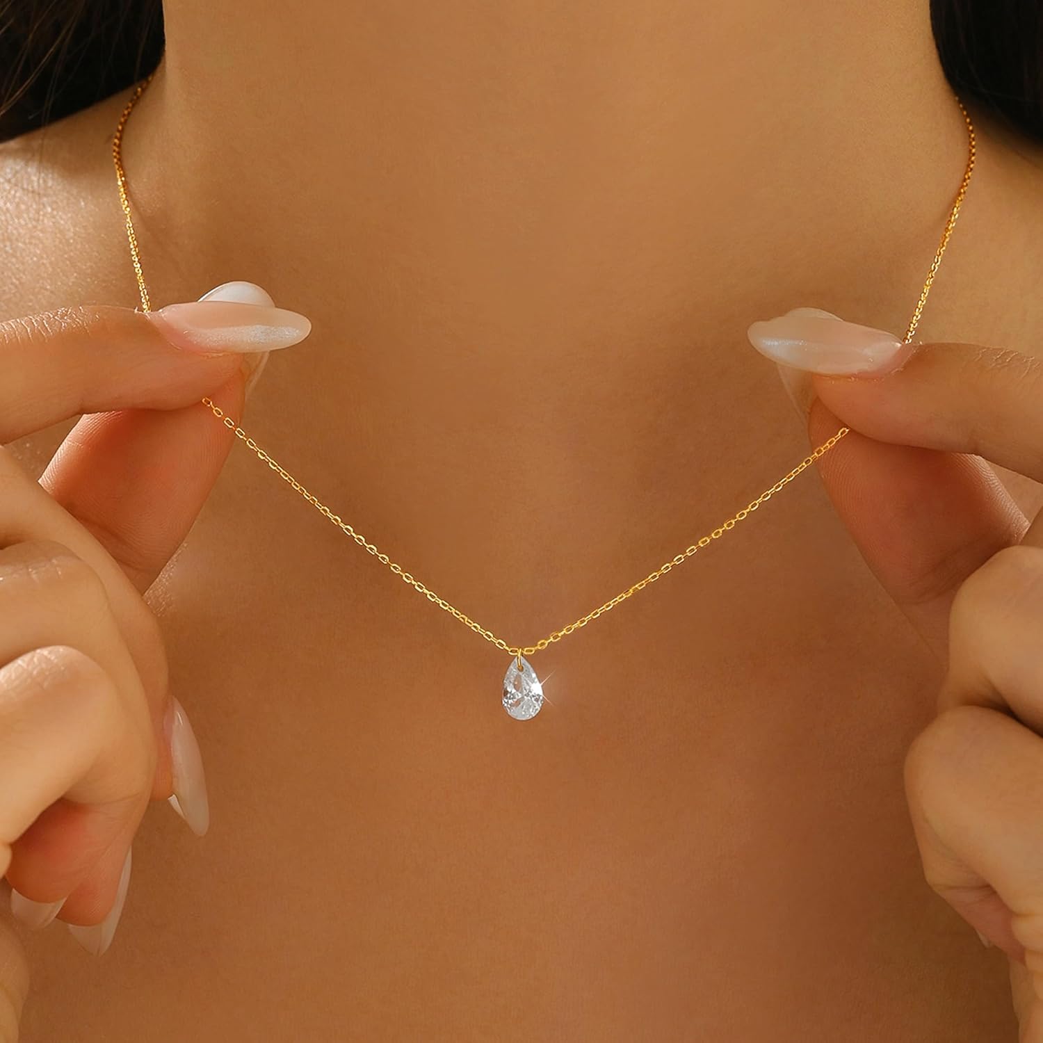 Teardrop Diamond Necklace for Women,925 Sterling Silver CZ Waterdrop Choker Necklace to Daughter 14k Gold Plated Dainty Solitaire Water Droplets Charm Necklaces Wedding Jewelry Gifts for Brides - Image 5