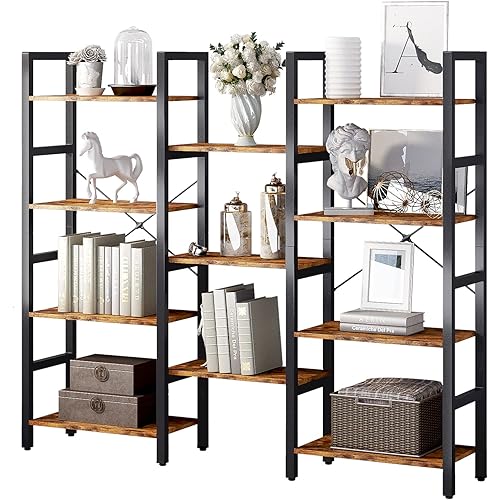 oneinmil Triple Wide 4-Shelf Corner Bookcase Industrial Vintage Wood Style Large Open Bookshelves for Home&Office, Rustic Brown (Rustic Brown, 4 Tier)