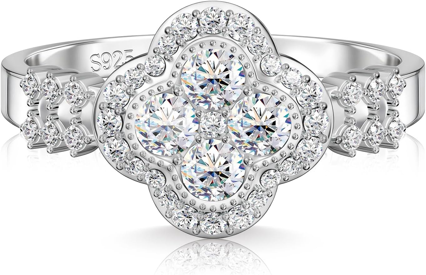 Moissanite Rings for Women Lucky Rings Four Leaf Clover Ring Sterling Silver Promise Engagement Anniversary Bands D Color VVS1 Moissanite Jewelry Lucky Gifts for Her