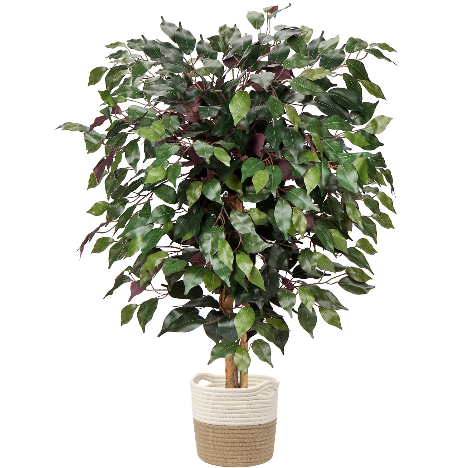 plant Artificial Ficus Tree 3ft in Cotton Pot Fake Silk Plant with Green Red Leaves Natural Trunk for Indoor Outdoor Home Garden Decor