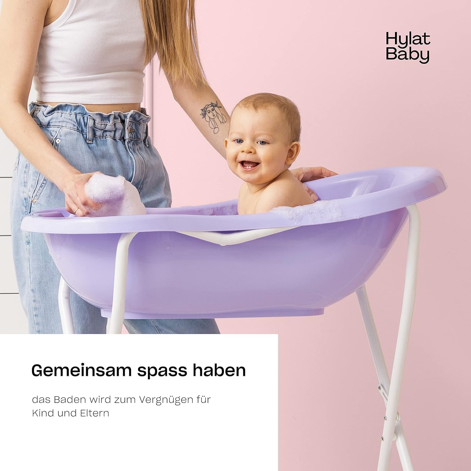 Hylat Baby Yeti Lila Babywanne mit Gestell und Badewannenstöpsel - TÜV Rheinland zertifiziert - Stabil und Bequem, Ideal für Neugeborene und Babys bis zu 12 Monaten - Lite-Kollektion Kinder Baden