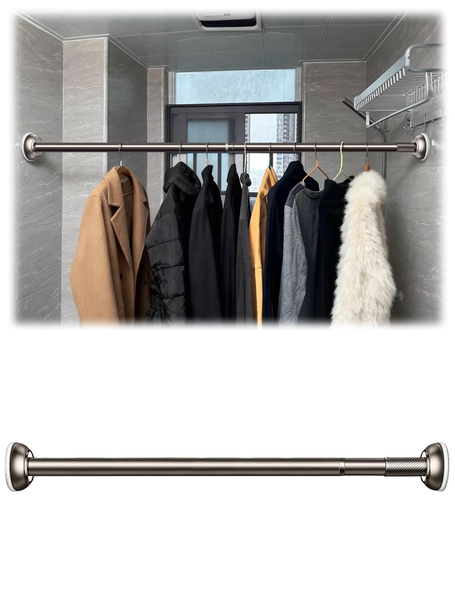 Generisch Verstellbare Gardinenstange – Verstellbare, robuste Kleiderstange aus Edelstahl, ausziehbar für Kleiderschrank, Schrank, Gardinen und Dusche (Größe: ausziehbar 100–170 cm)