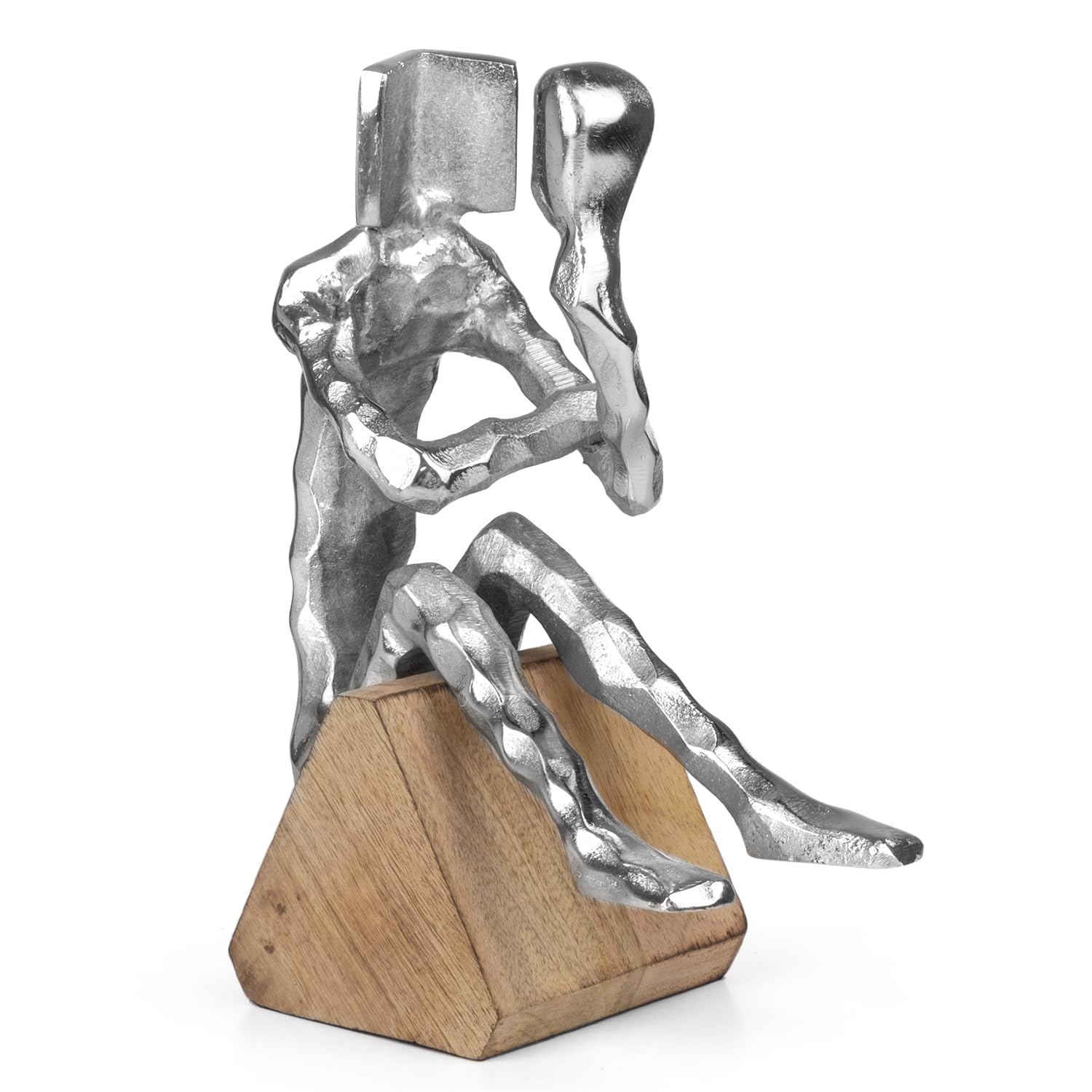 Nowoczesna figurka dekoracyjna myśli mężczyzna na cokole jako stylowa rzeźba do refleksji - 10 x 17,5 x 22 cm do salonu, biura, regału, biurka, pomysł na prezent, abstrakcyjna metalowa figurka na