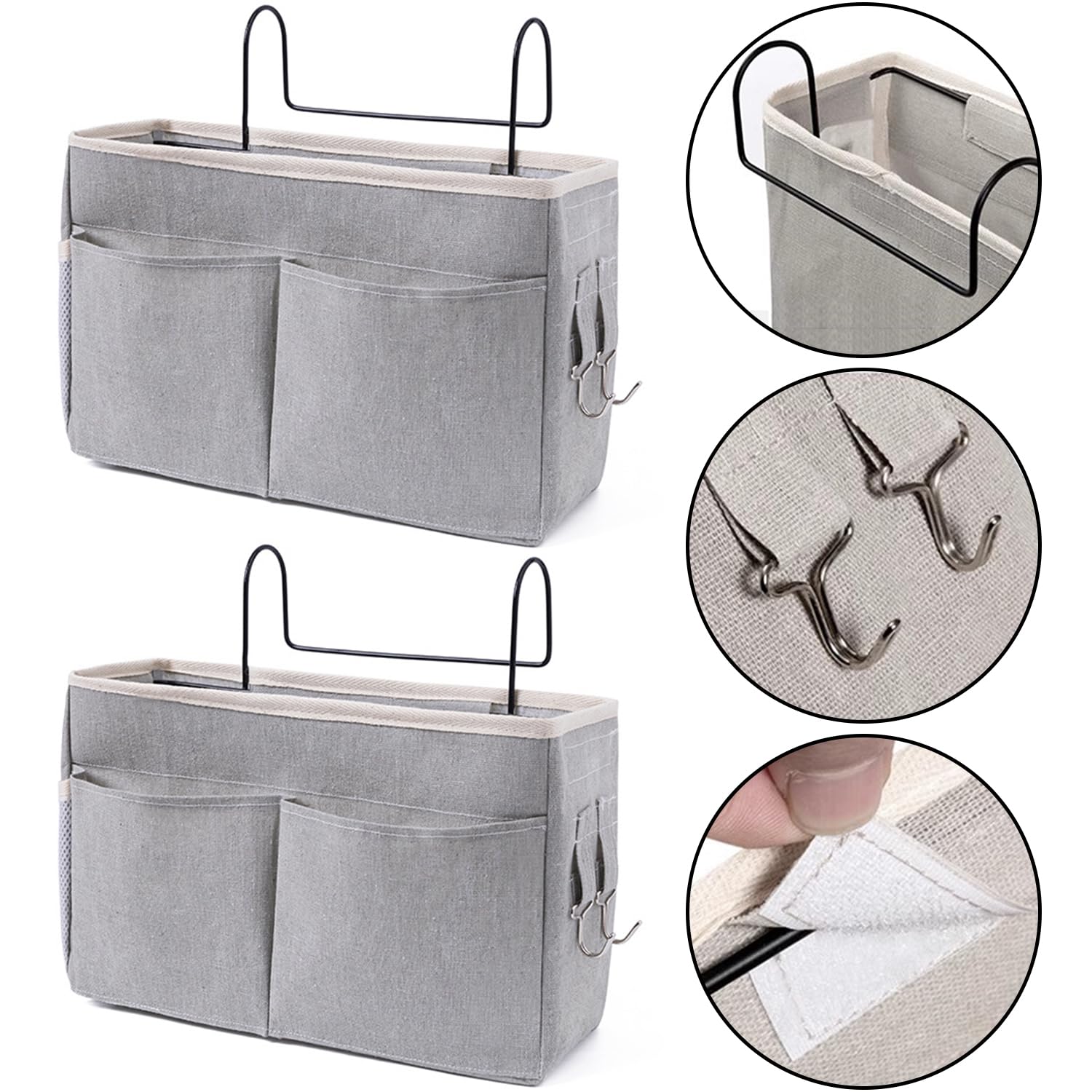 2 Tasche Da Letto Appendibili In Tela - Organizer Con Ganci Per Comodino E Testiera - Grigio E Bianco