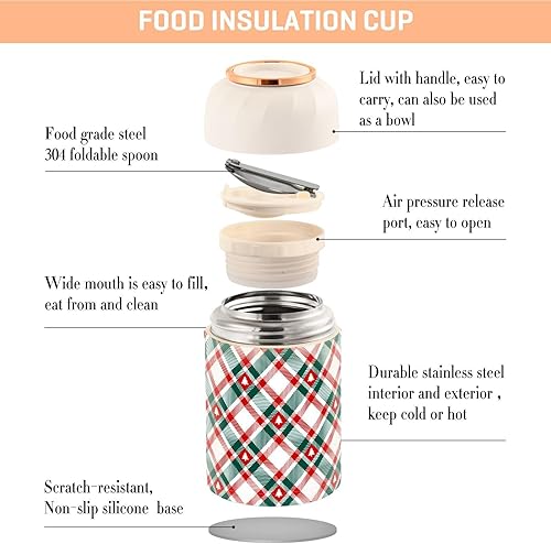 Miniatura 4 de MCHIVER Christmas Tree Plaid Food Jar with Spoon Stainless Steel Vacuum Insulated Food Container 17 oz Food Thermos for Hot Food