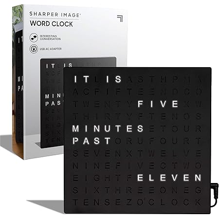 SHARPER IMAGE® LED Light-Up Word Clock, 7.75" Modern Design, Electronic Accent Wall or Desk Clock, USB Cord & Power Adapter, Unique Contemporary Home & Office Decor, Easy Setup, Housewarming Gift