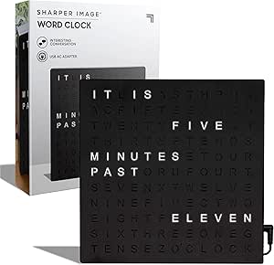 SHARPER IMAGE® LED Light-Up Word Clock, 7.75" Modern Design, Electronic Accent Wall or Desk Clock, USB Cord &amp; Power Adapter, Unique Contemporary Home &amp; Office Decor, Easy Setup, Housewarming Gift