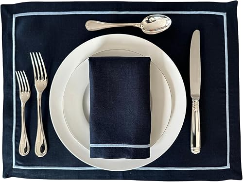 Miniatura 2 de Elegantes manteles individuales de lino para mesa de comedor, juego de 4  100% lino, estilo y durabilidad para cada comida (azul marinoazul claro)