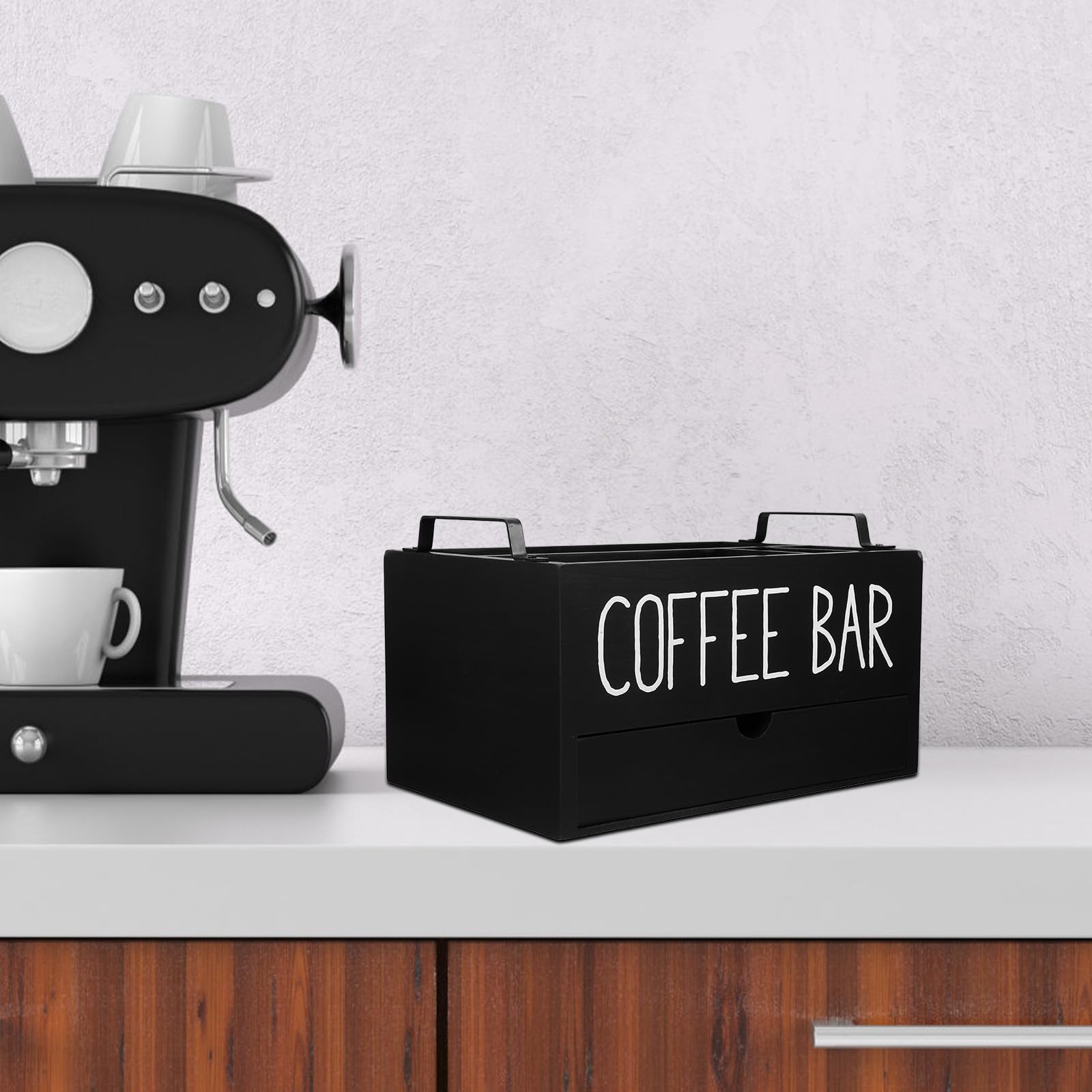 Kaffee und Tee Organizer mit Schublade Vielseitige Aufbewahrungslösung für Küchenarbeitsplatten Minimalistisches Design und Elegante Handwerkskunst