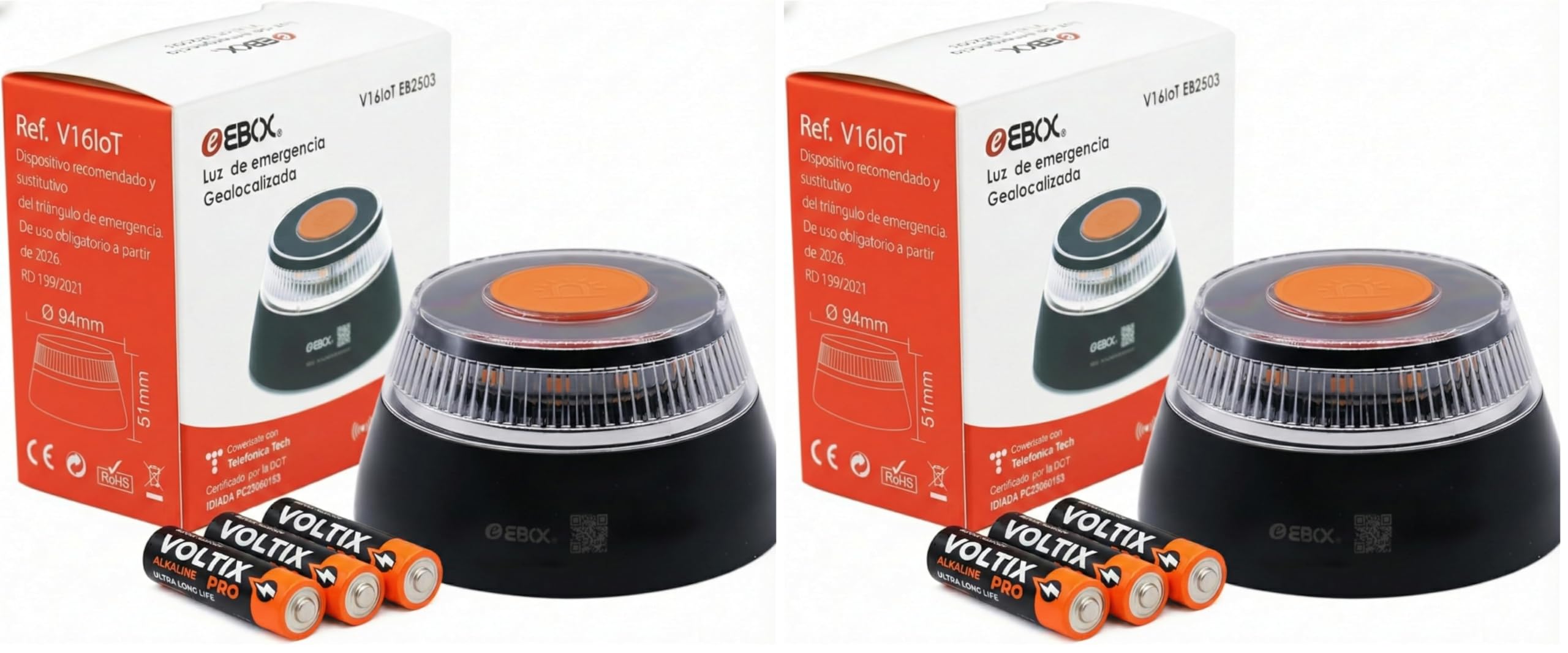 EBOX Luz Emergencia V16 Geolocalizada V16loT. Homologada DGT con Geolocalización, Baliza Coche Conectada DGT 3.0, Datos Incluidos hasta 12/2038, (Paquete de 2)