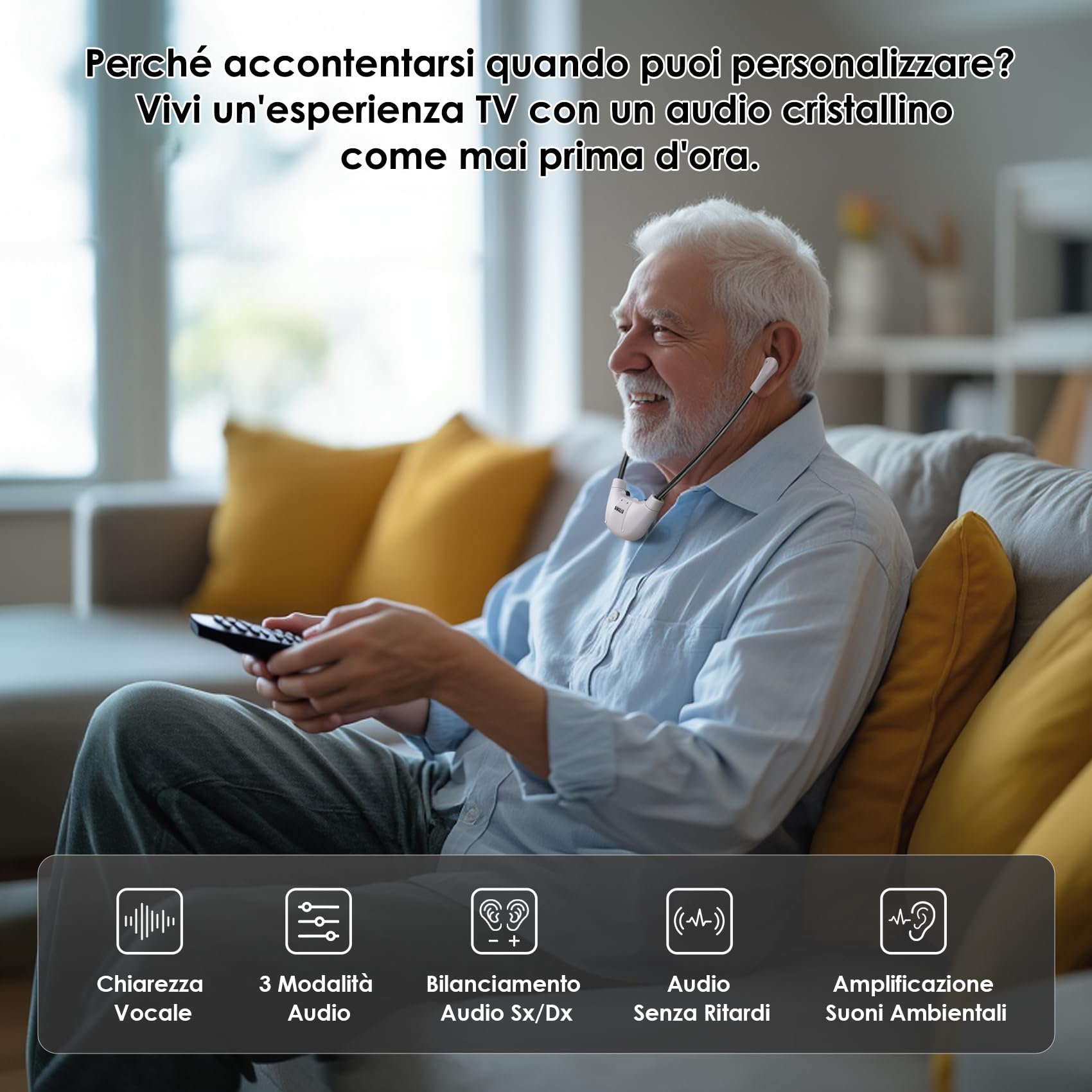 SIMOLIO Cuffie Wireless per TV Senza Fili con Dialogo Chiaro, Portata 50m, Cuffie TV Controllo Bilanciamento Audio, Base di Ricarica/Trasmettitore, Ideali per Anziani, Senza Ritardo Audio