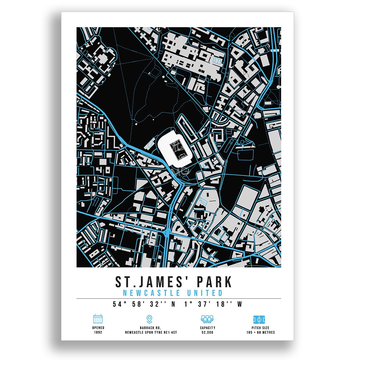 St James’ Park Stadium Map Minimalist A4/A3 Poster Photo Print Framed Gift Newcastle United (A3 Poster Only)