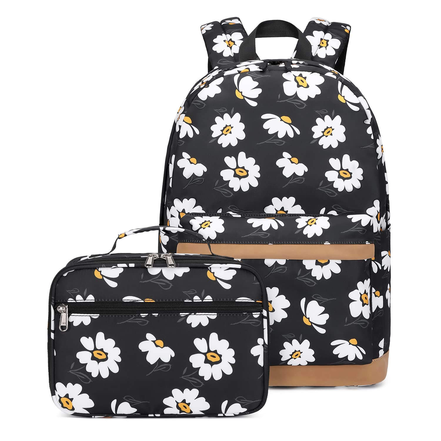Robhomily Girls Backpack with Lunch Box for Middle Elementary School,17 inch Kids School Backpack with Lunch Bag Set Black Daisy Lightweight