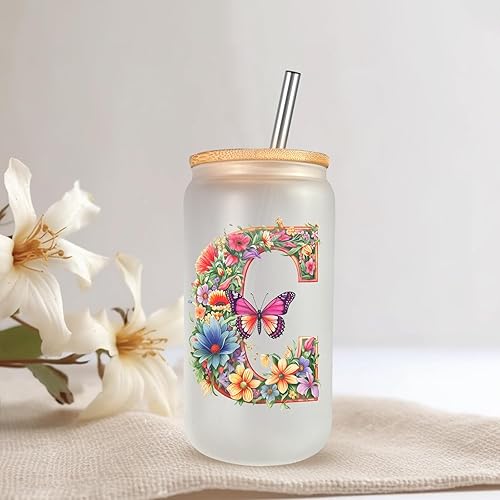 Miniatura 7 de GSPY Vasos de vidrio con inicial de 16 onzas con tapas y pajitas, tazas personalizadas, regalos con monograma para mujeres, vaso de flores y