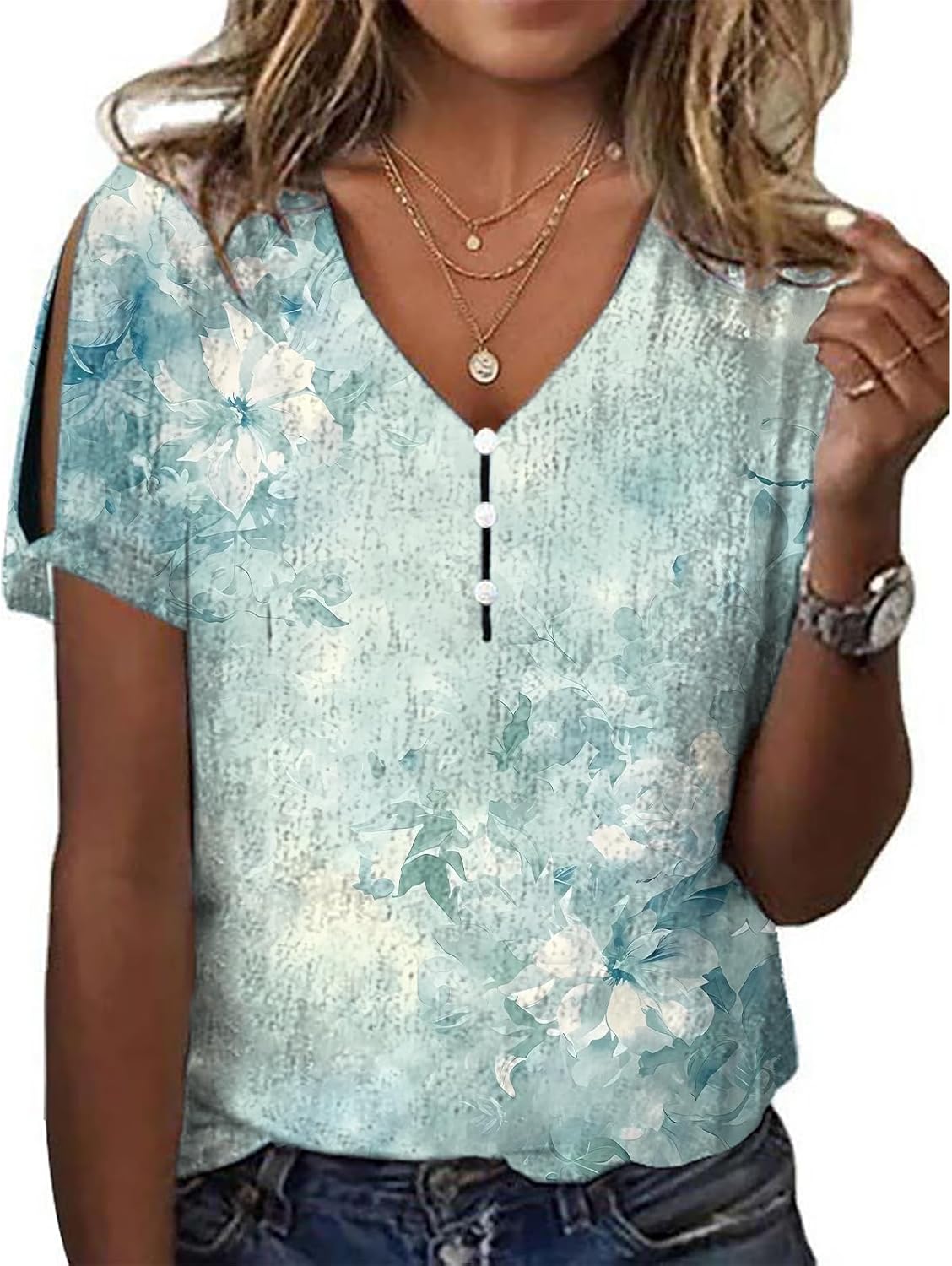 Floral Boho Tops for Women V Neck Button Short Sleeve Casual 2025 Summer Fashion Co...