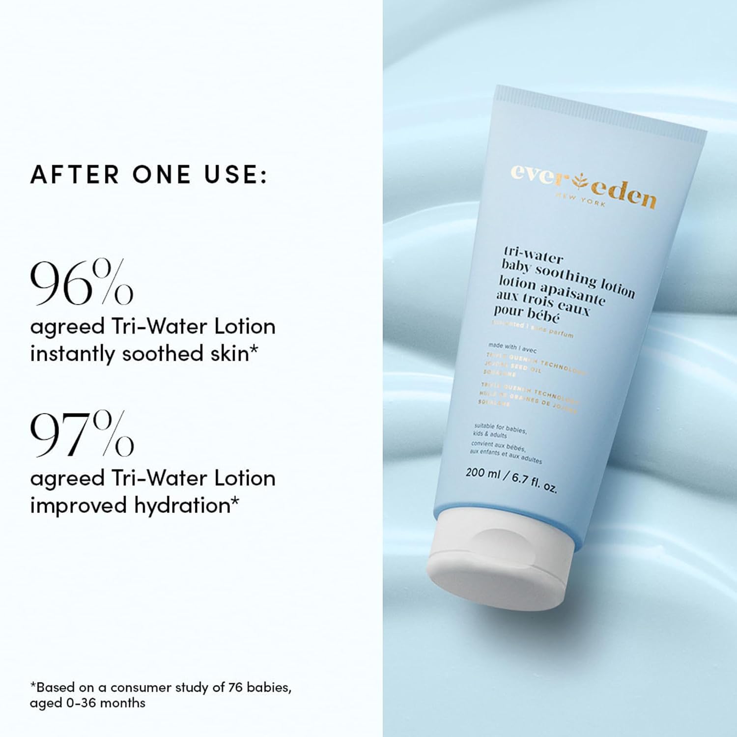 Evereden Tri Water Baby Lotion, 6.7 fl oz. | Clean and Clean Baby Care | Non-toxic and Fragrance Free | Ingredients