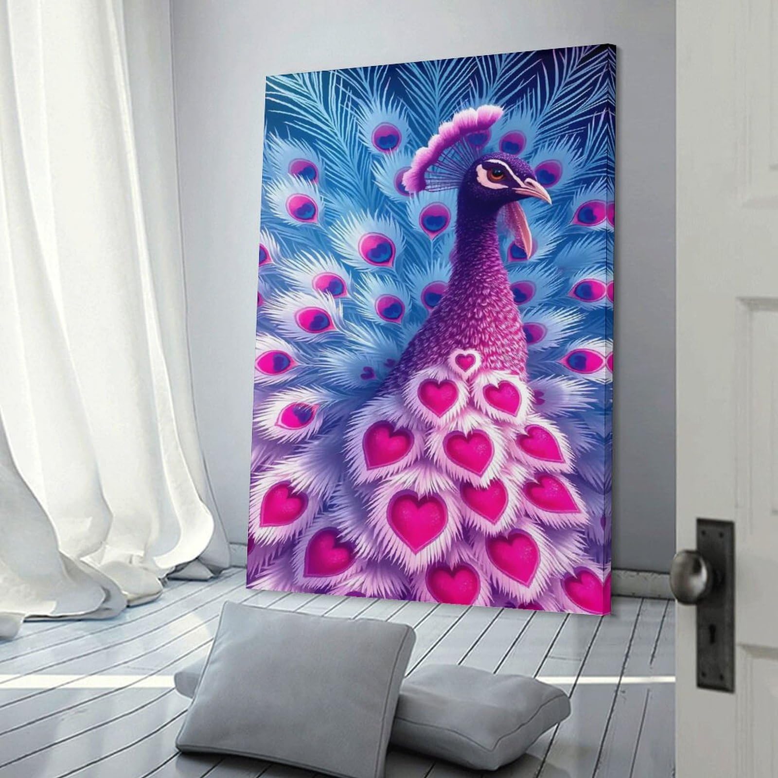 Junmoney Peacock with Hearts Canvas Wall Decor 24x36inch(60x90cm), for Calm Bedrooms, Home Corners Or Flats, An Easy Wall Refresh for Bedrooms