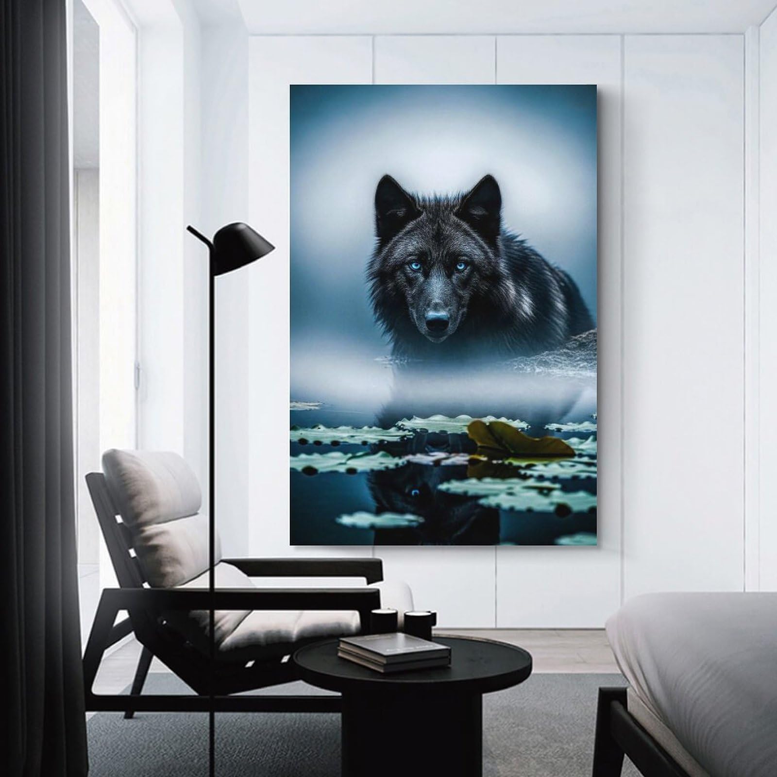 Junmoney Wolf with Blue Eyes in Water Canvas Wall Picture, 20x30inch(50x75cm), for Wall Displays, Bedrooms Or Room Updates, Wall Decor Suited to Curated Displays