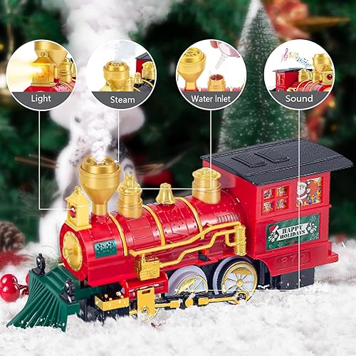 Miniatura 5 de OCHIDO Juego de tren de Navidad, juego de tren eléctrico con humo, luces y sonido, juego de tren de juguete para debajo del árbol de Navidad,