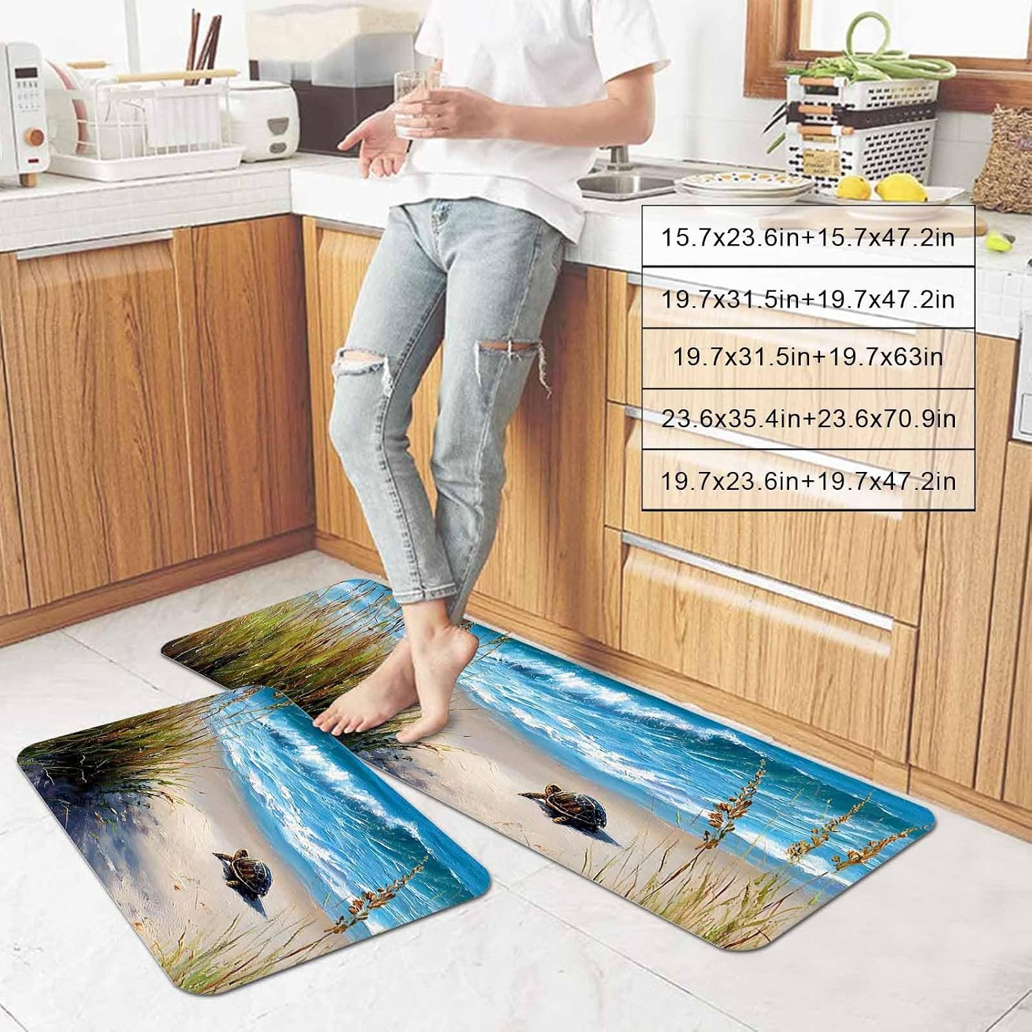 Prime Leader Summer Coastal Kitchen Mat Set 2 Pieces Sea Turtle Ocean Sea Grass Beach Landscape Non Slip Kitchen Rugs Washable Runner Rug Mats for Sink Laundry (19.7" x 31.5"+19.7" x 63")