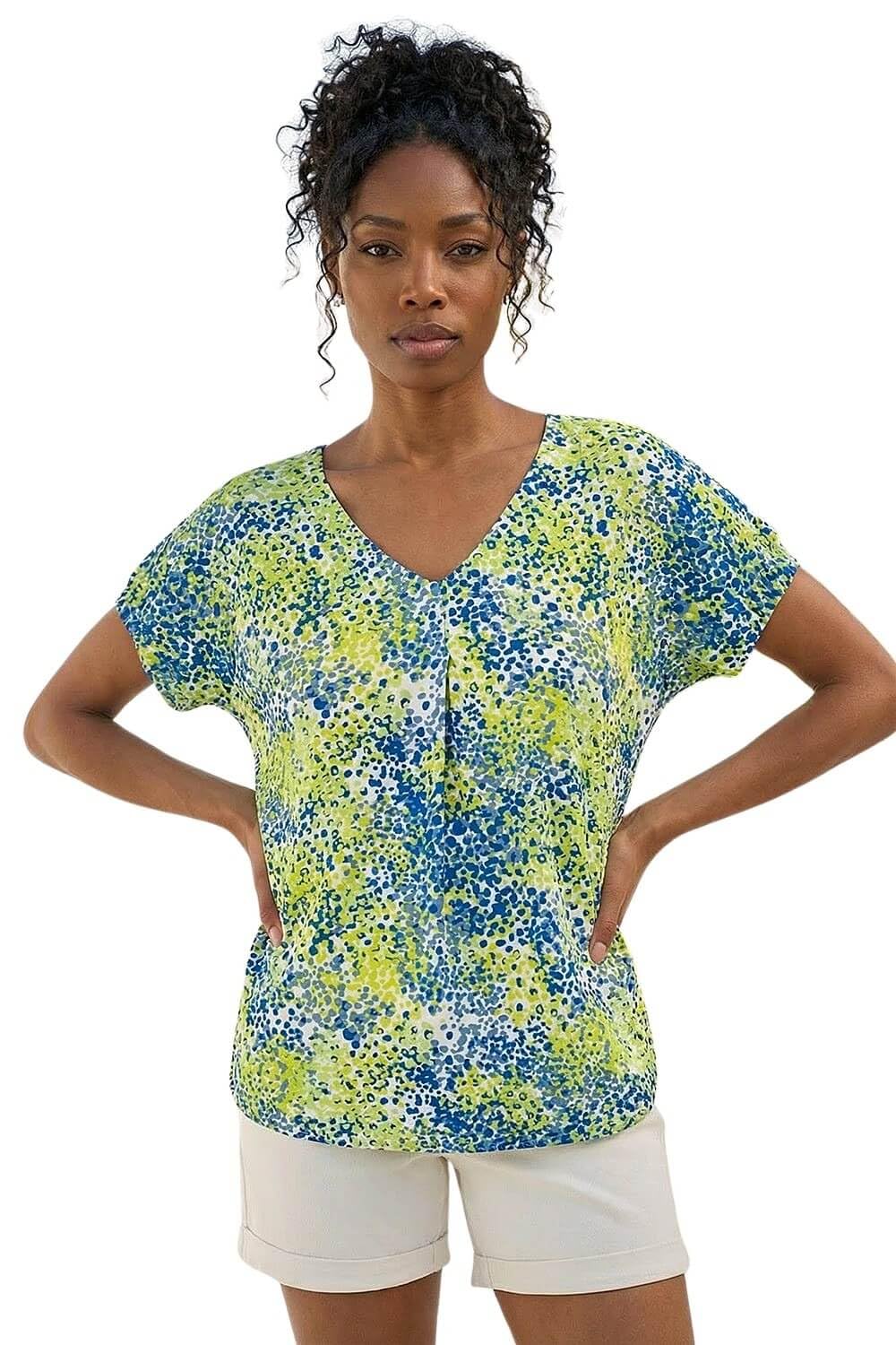 Roman Originals Women's Lime Roman Floral Print Pleat Front Top For Uk Spring Everyday Summer Holiday V-Neckline Comfy Short Sleeve Soft Stretch Jersey Shirt Office Business Blouses - Size 12