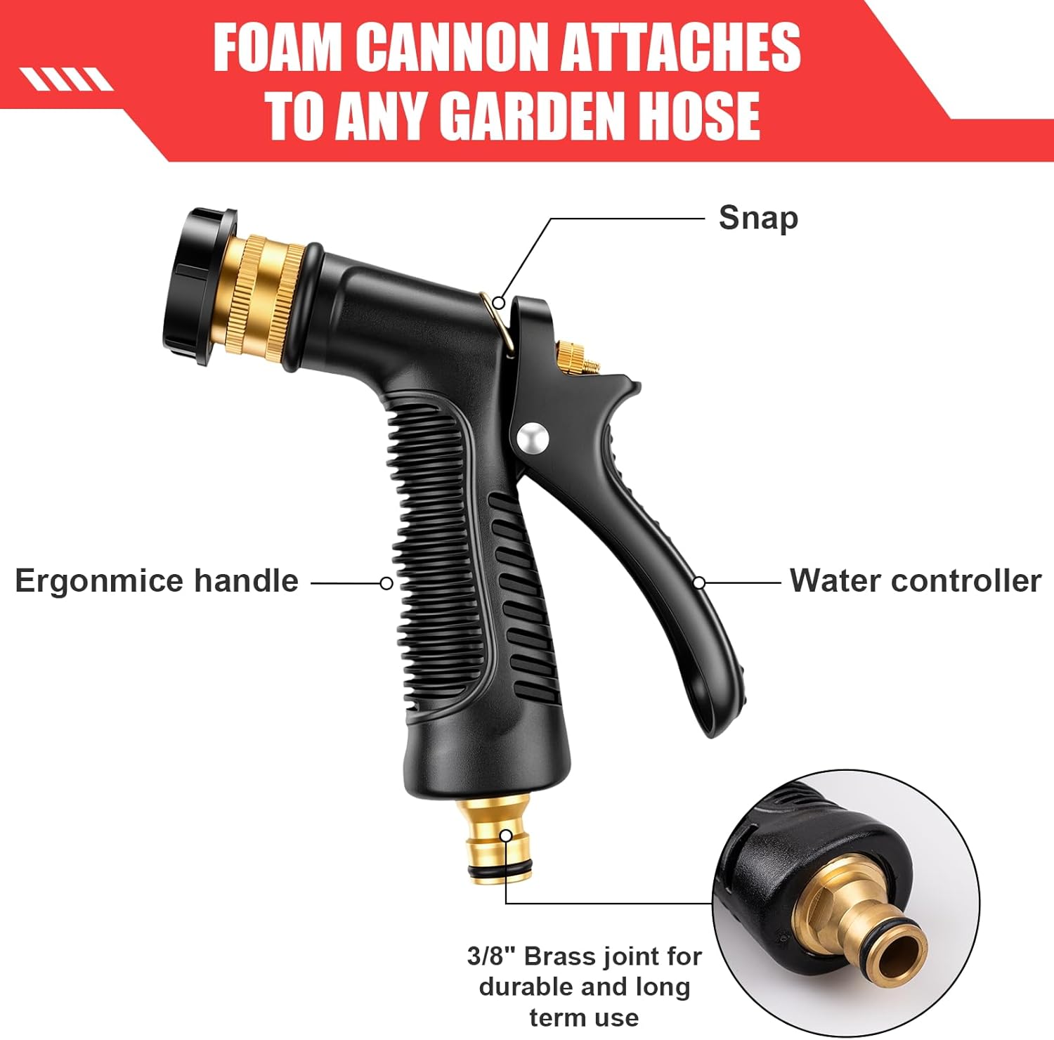 Car Wash Foam Gun, Car Wash Sprayer with Adjustable Foam Dial Foam Nozzle, Foam Cannon Attachs to Any Garden Hose, Durable 5/8" and 3/4" Brass Joint Soap Gun for Home Garden Use