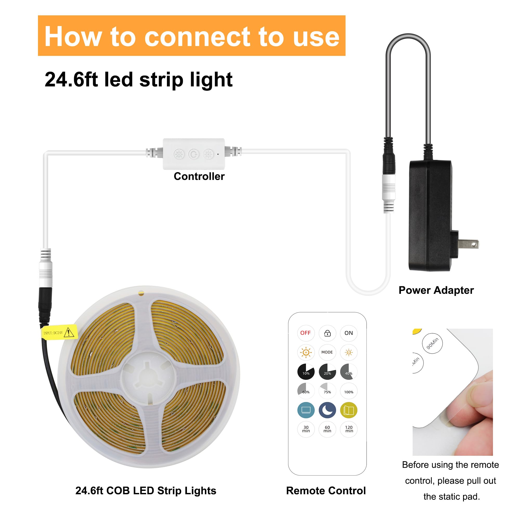 AXMOTUT COB - Tira de luz LED con mando a distancia, regulable 24.6 pies/7.5 m, luz LED flexible de alta densidad, 4000 K, blanco natural, 2400 LED, tira de luz LED superbrillante, CRI 90+ para