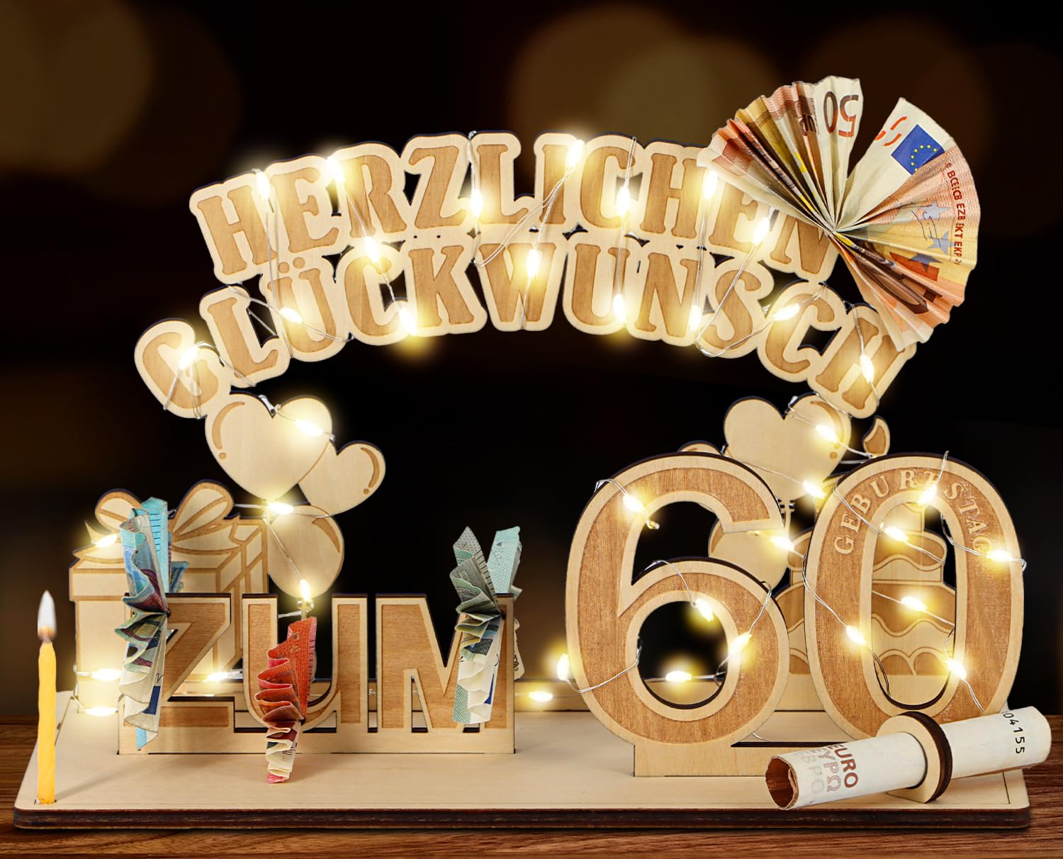 Giftota Original 60. Geburtstag Geldgeschenke Holz mit LED Lichterkette, Geschenke zum 60 Geburtstag Mann Frau, 60er Geburtstagsgeschenk