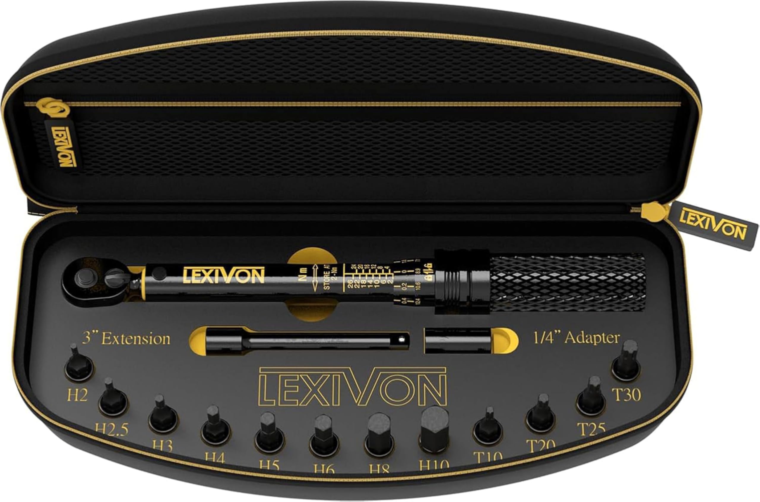 LEXIVON Cle Dynamometrique Velo 1/4, 2-26Nm CW (±4%) CCW (±6%), Clé Dynamométrique Moto, Embouts Torx, Barre d'Extension, Adaptateur Douille Inclus - Clef Dynamometrique (LX-191)