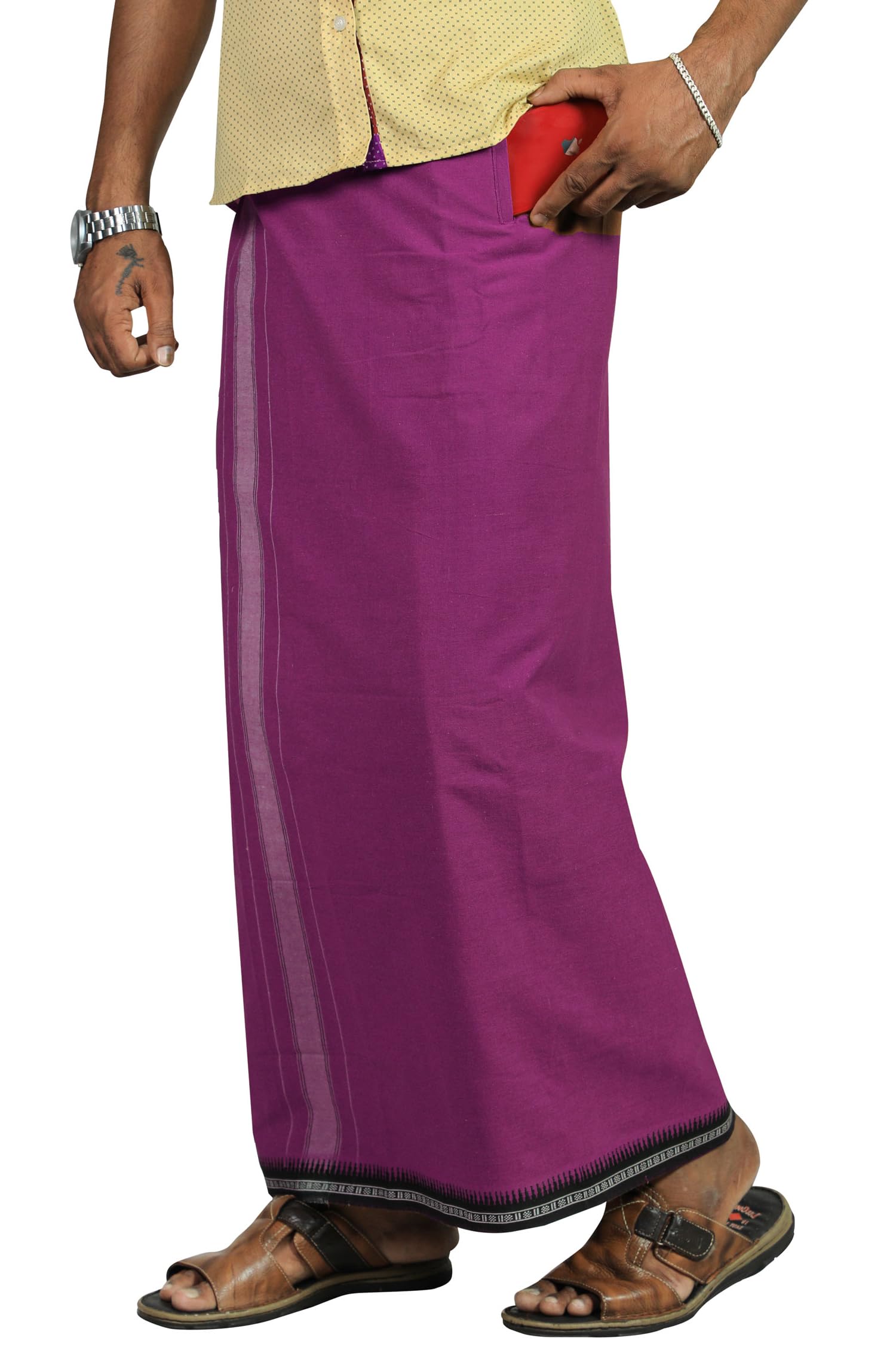 Prakasam Cotton Mens Cotton Kerala Thalapathi Border Welcro Pocket Dhoti (S-Size Dhoti) / Violet Colour Thalapathi Adjustable Pocket Dhoties For Mens