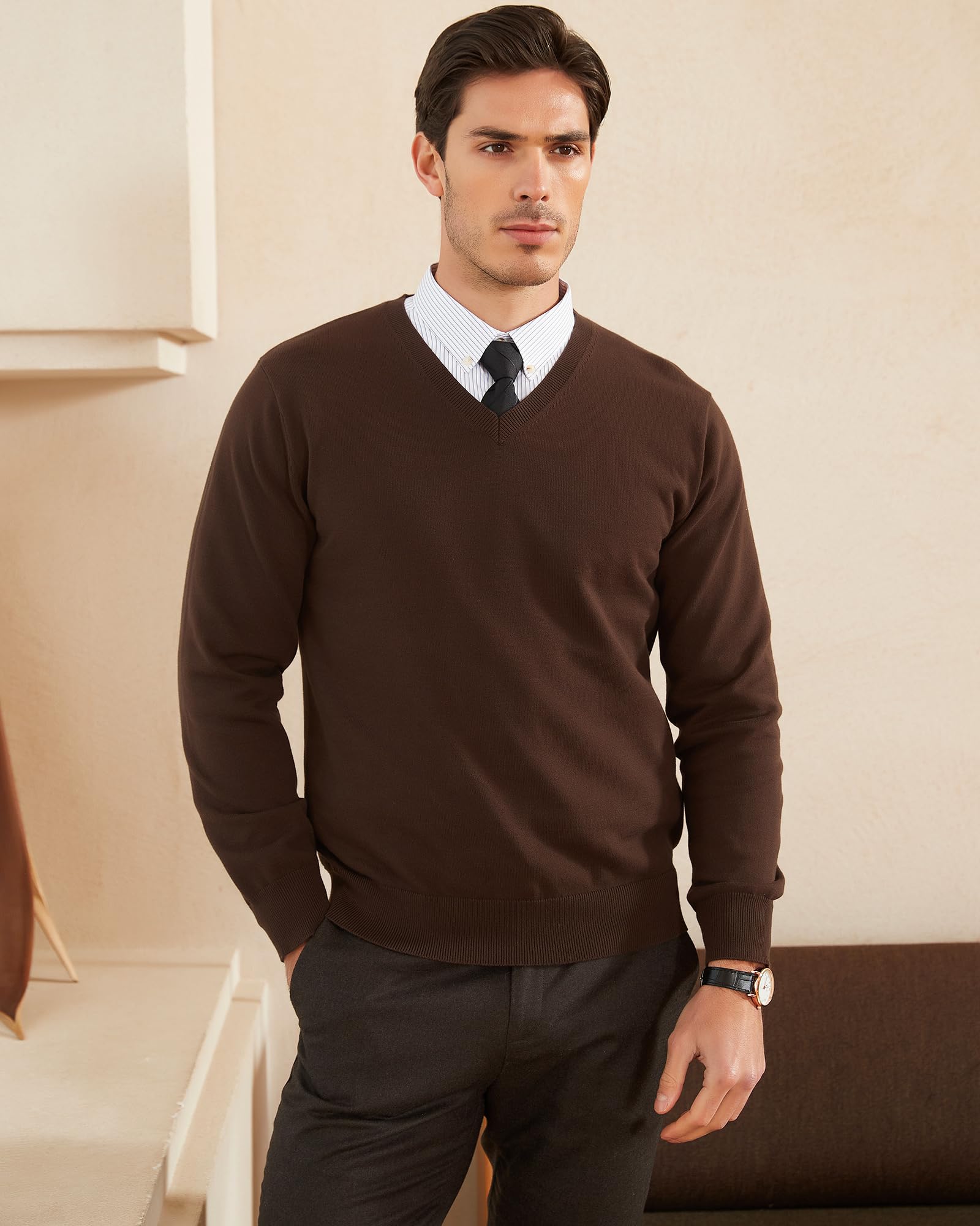 Kallspin Suéter de Cuello en V para Hombre Jersey de Punto de Manga Larga de Algodón Puro Ajuste Regular