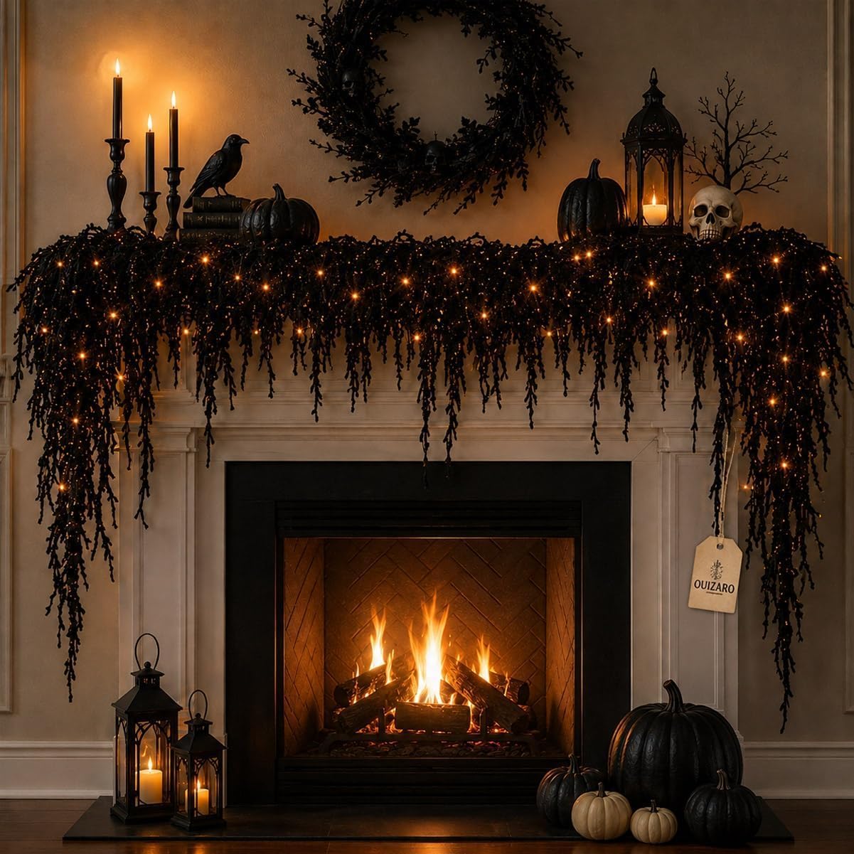 Halloween Fireplace Garland | Black Halloween Mantle Garland With Lights