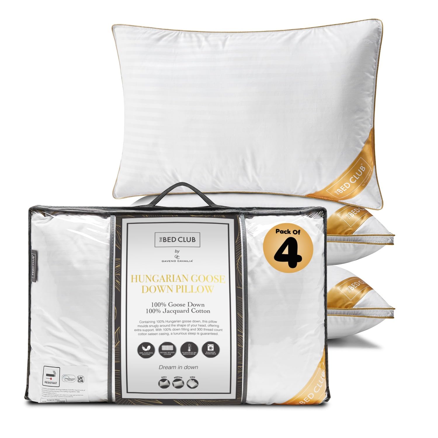 GC GAVENO CAVAILIA Hungarian Goose Down Pillow | Hypoallergenic Medium Neck Support Firm Pillow for Front & Back Side Sleeping With 100% Cotton Cover Bed | Pack of 4, 48x74 Cm