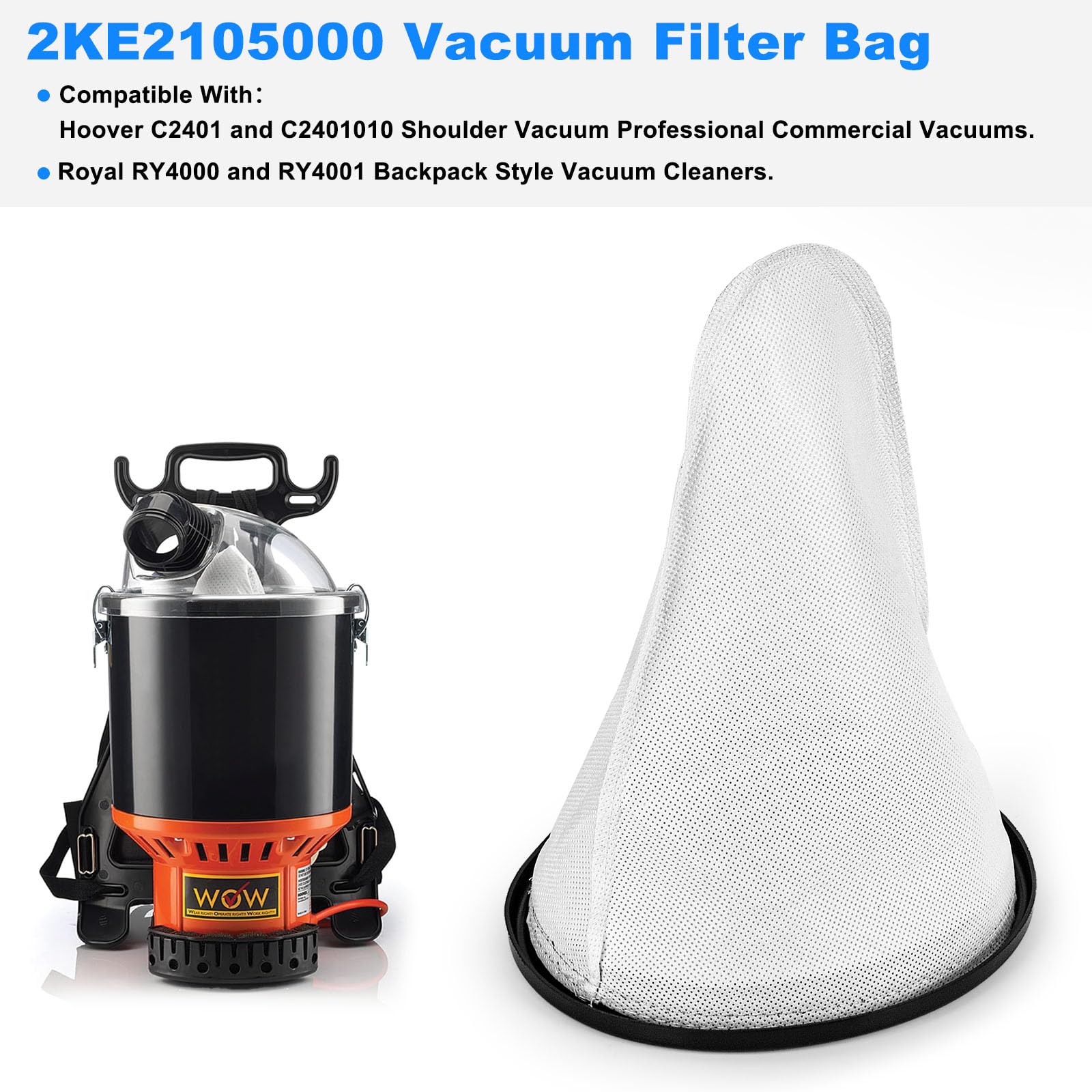 2KE2105000 - Bolsa de tela de repuesto para aspiradora Hoover & Royal Commercial Backpack Aspiradora Hoover C2401, C2401010 Shoulder Vac Pro, Royal RY4000 RY4001-2 unidades