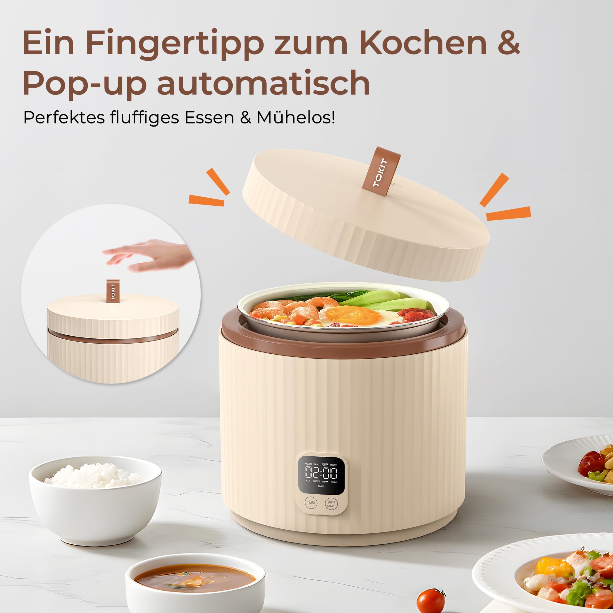 Tokit Rice Cooker Pro Reiskocher Klein Mini aber Multifunktionen mit Display-Touch-Taste für 1-3 Personen Keramisch beschichteter Antihaft-Innenreistopf(Weiß) – Bild 2