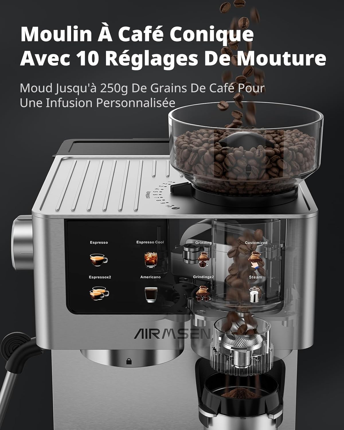 Coffee bean hopper and conical grinder