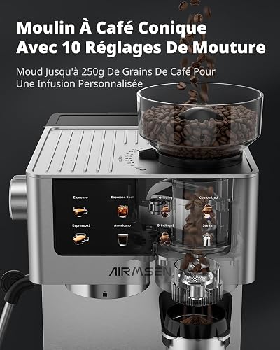 AIRMSEN Espresso Coffee Maker with Conical Grinder and Milk Steamer – 20 Bars, Programmable, Color Touch Screen, Cold Brew and American Compatible, Stainless Steel, 1.8L Tank - 3