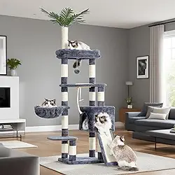 Heybly Árvore para gatos, torre para gatos de 166 cm para ambientes internos, condomínio para gatos com folhas, cesta, folha, tigela de alimentação, móveis modernos de pelúcia de vários níveis, cinza