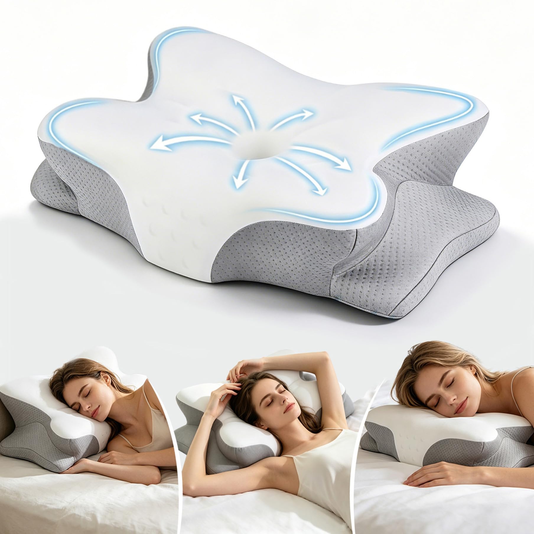 Nackenkissen Kopfkissen - Memory Foam Kissen - Ergonomisch Seitenschläferkissen - Nackenstützkissen für Seiten, Rücken Bauchschläfer, Grau