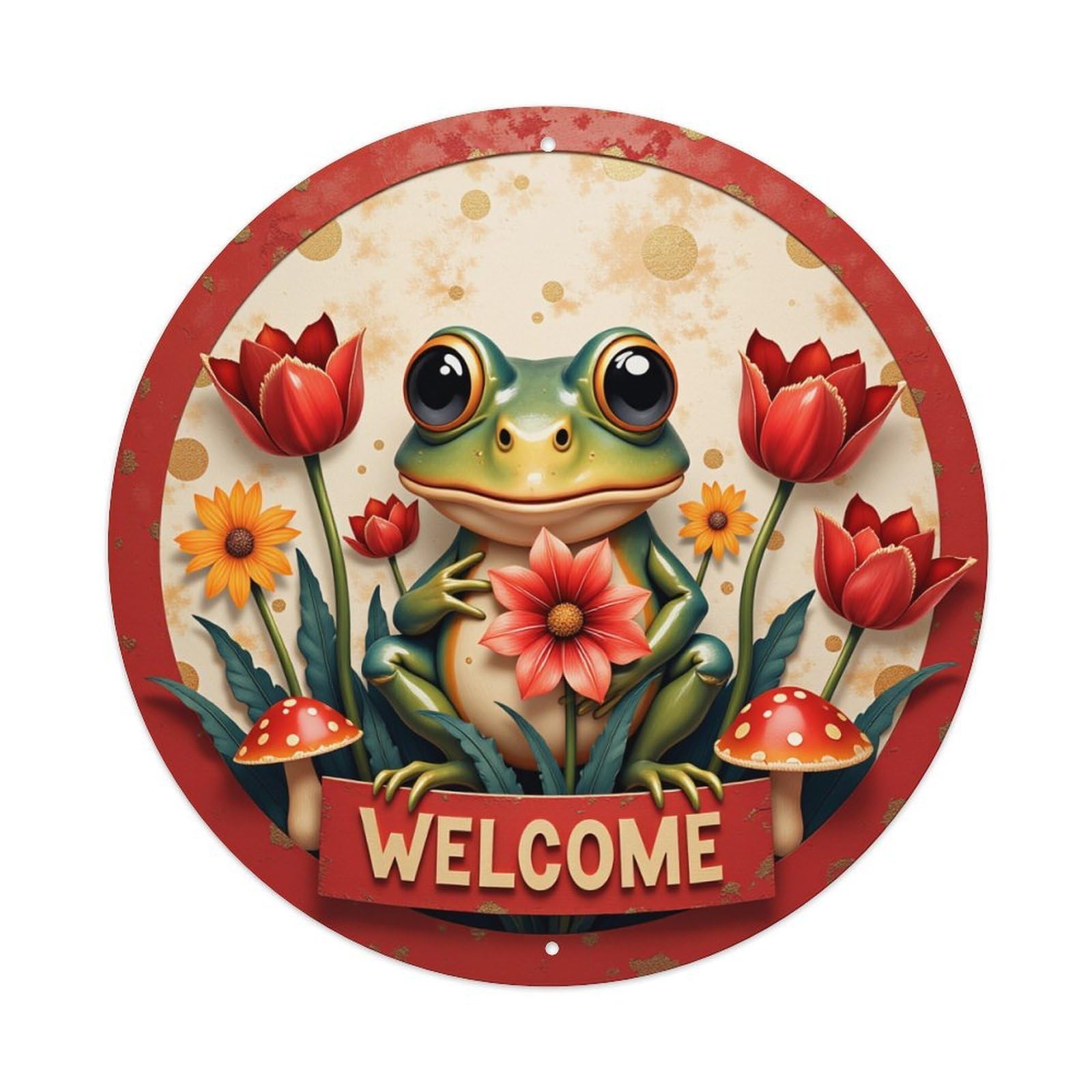Frog Flowers Mushrooms Welcome Sign Round Tin Sign Vintage Metal Poster, Home Bar Garage Man Cave Cafe Indoor & Outdoor Wall Decoration 8x8Inches
