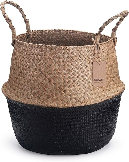 DOKOT Seagrass Belly Basket Natural Woven Plant Pot Foldable with Handles for Storage Laundry Blankets Toys (Natural + Black)