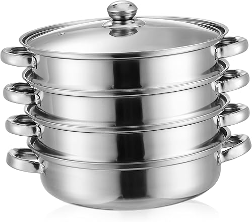 Tofficu Olla vaporera de acero inoxidable, 4 capas multifunción para cocinar con tapa y asa, olla de vapor para verduras, tamales, albóndigas,