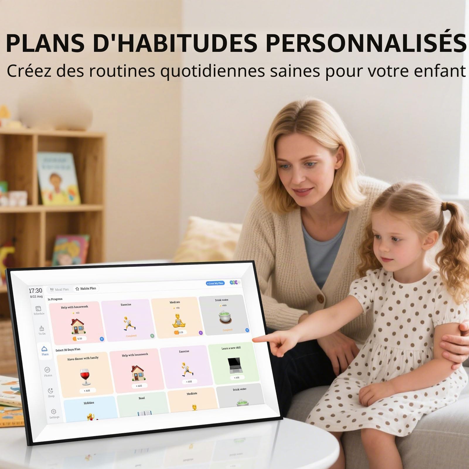 Qcwwy Calendrier Numérique de 10 Pouces, Calendrier électronique pour les Tâches Familiales avec Rétroéclairage Réglable, Support Multilingue, Planificateur Mural, écran Tactile (02)