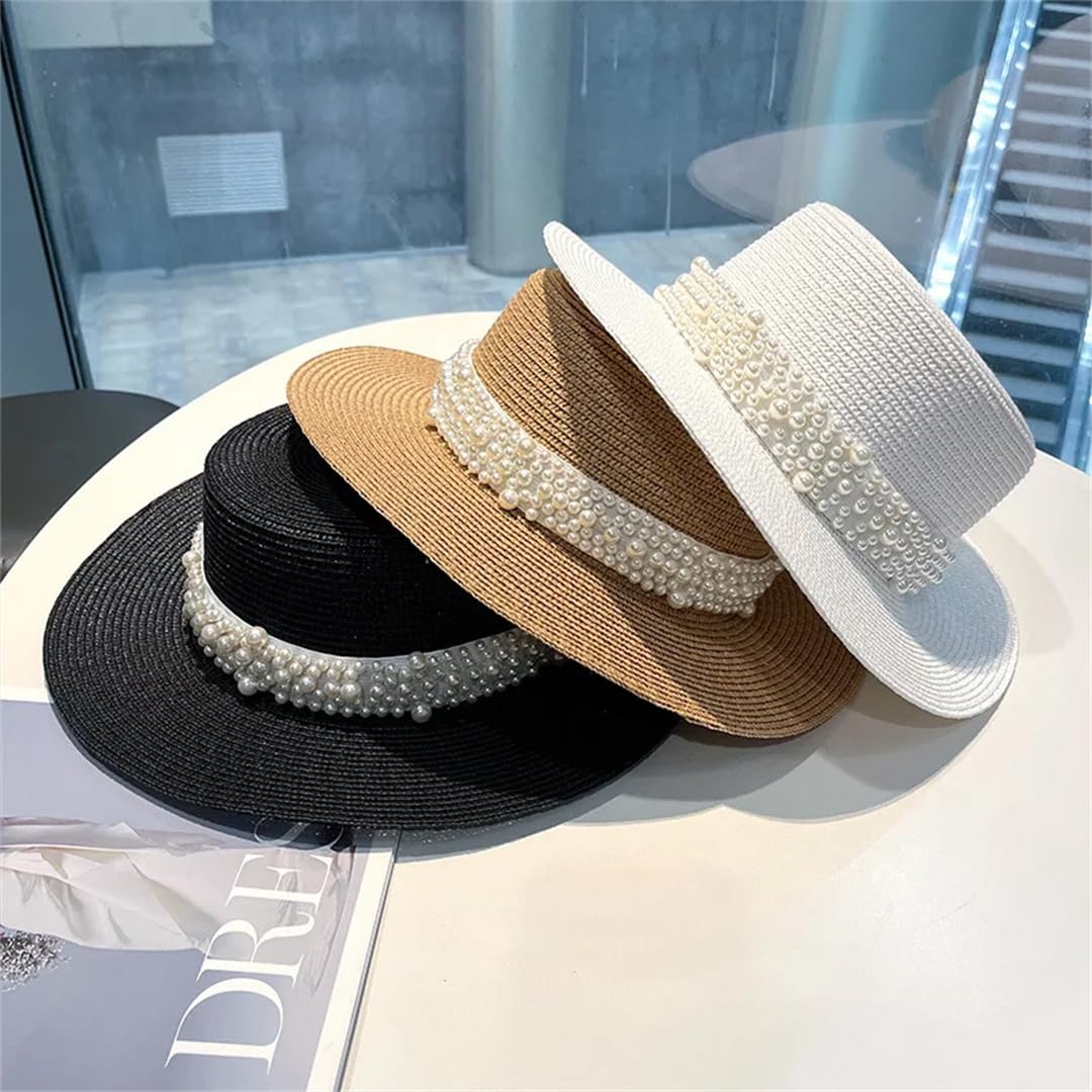 Yeuyyben Cappello da donna alla moda da spiaggia, cappello piatto in paglia, decorazione estiva per protezione solare