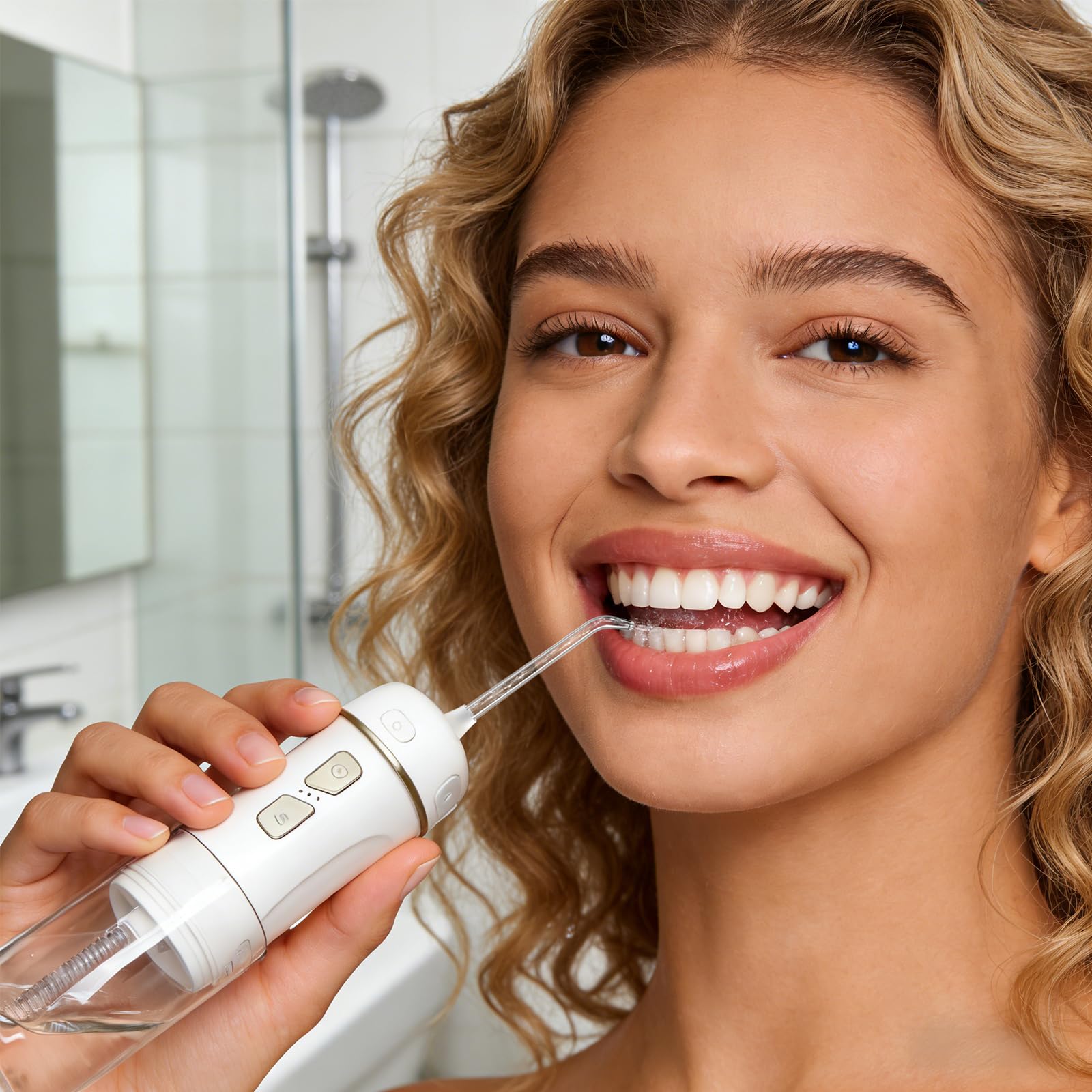 Hibbent Irrigador bucal portátil inalámbrico, mini irrigador oral con 3 modos y 4 puntas de chorro, IPX7, impermeable, recargable, para viajes, para el cuidado de frenos, dientes sensibles, ortodoncia