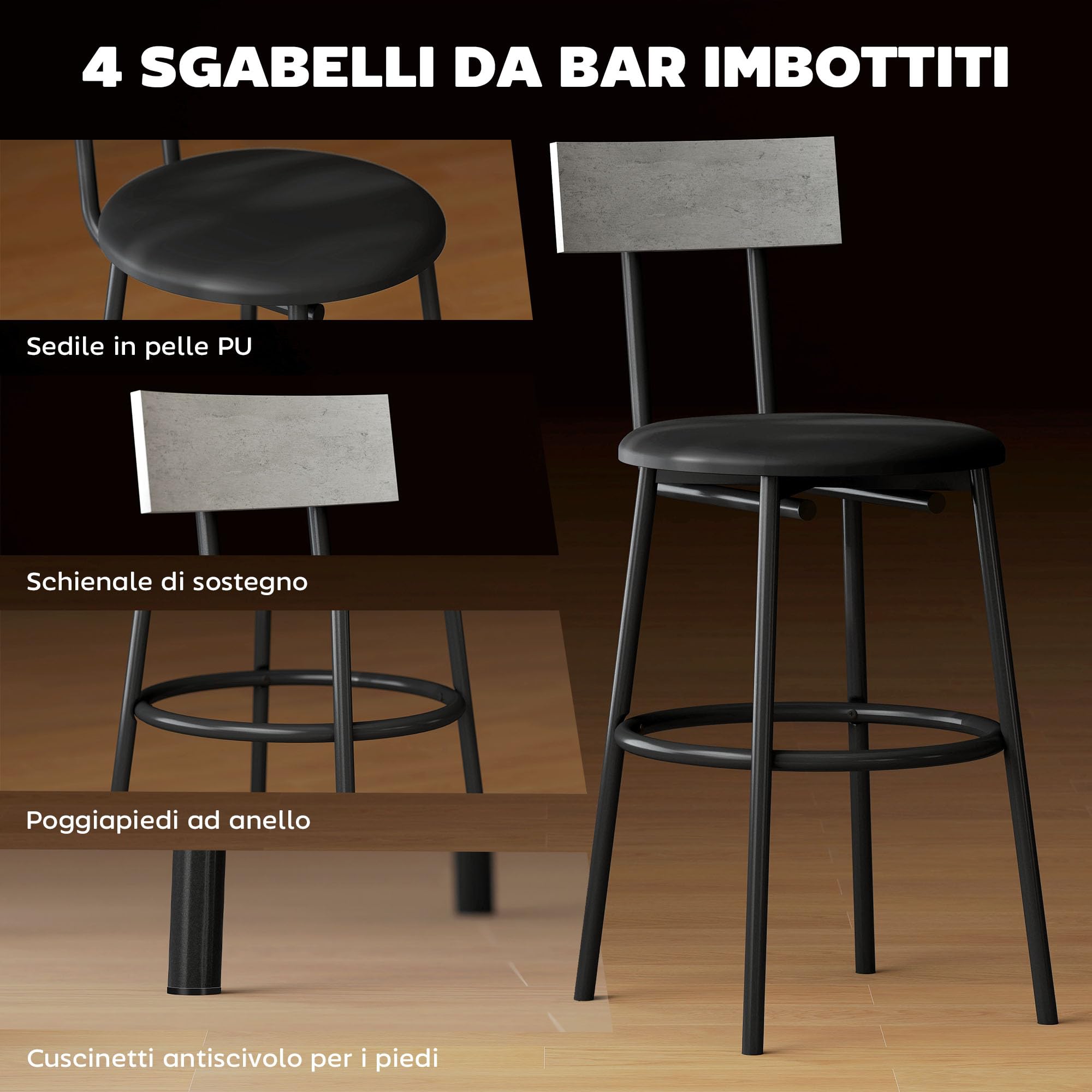 HOMCOM Set Tavolo Bar con 4 Sgabelli con Imbottitura Pelle PU, Bancone Bar e Sedie Cucina Salvaspazio con Gambe in Acciaio, Stile Moderno, Tavolo Alto con Sgabelli per Casa Pranzo Soggiorno, Grigio