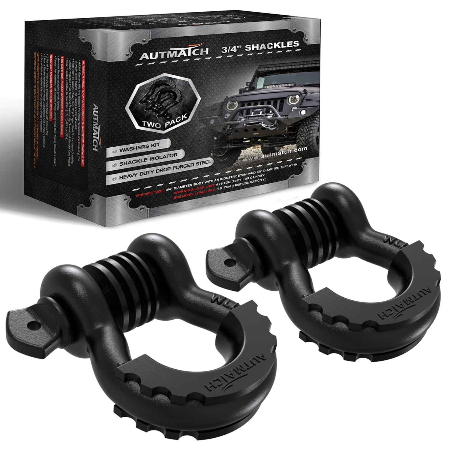 AUTMATCH D Ring Shackle 3/4" Shackles (2 Pack) 41,887Ibs Break Strength, Clevis Shackle with 7/8" Screw Pin and Shackle Isolator Washer Kit for Tow Strap Winch Off Road Vehicle Recovery, Frosted Black