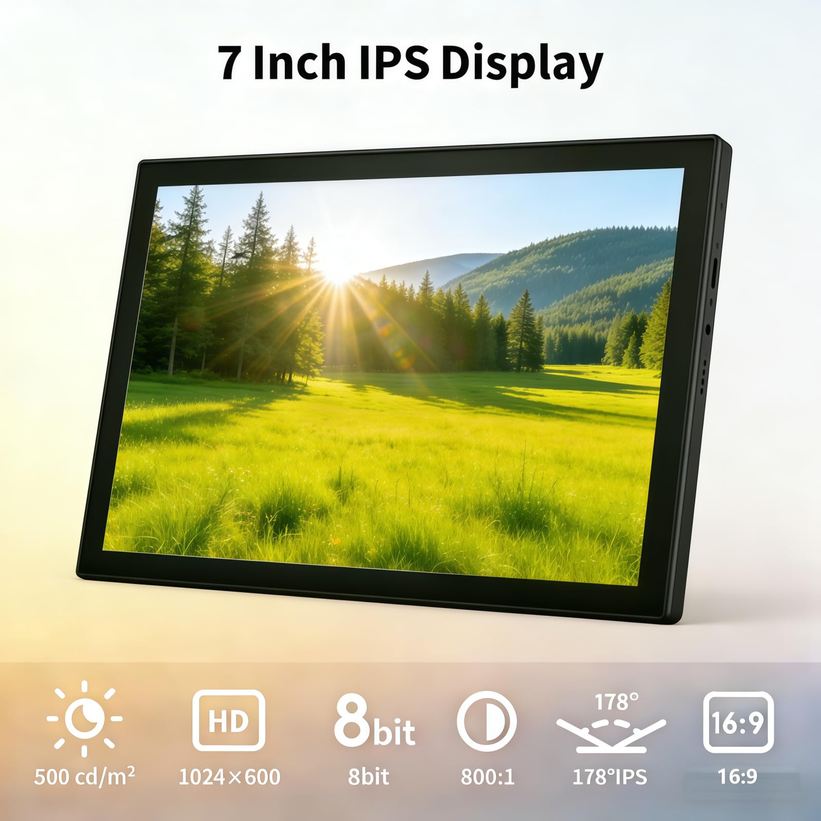 7 Zoll Tragbarer Mini Monitor 1024x600 IPS-Display mit HDMI, VGA, AV & BNC Eingängen | Eingebaute Lautsprecher | 178° Betrachtungswinkel für Raspberry Pi, PC, TV, DVD & CCTV(Ohne Touchscreen)