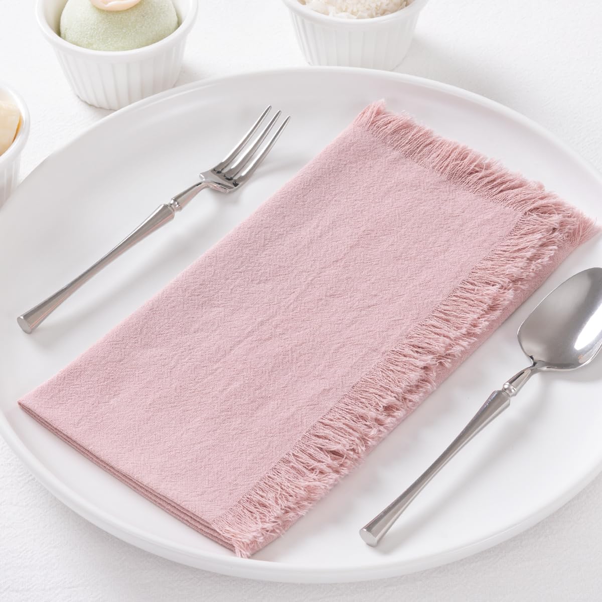 Photo 1 of DeZerlor 12 Pack Pink Cotton Linen Napkins with Fringe Summer Cloth Napkins Set of 12 Boho Handmade Dinner Napkins Bulk for Wedding Bridal Baby Shower Parties, 17 x 17 Inches